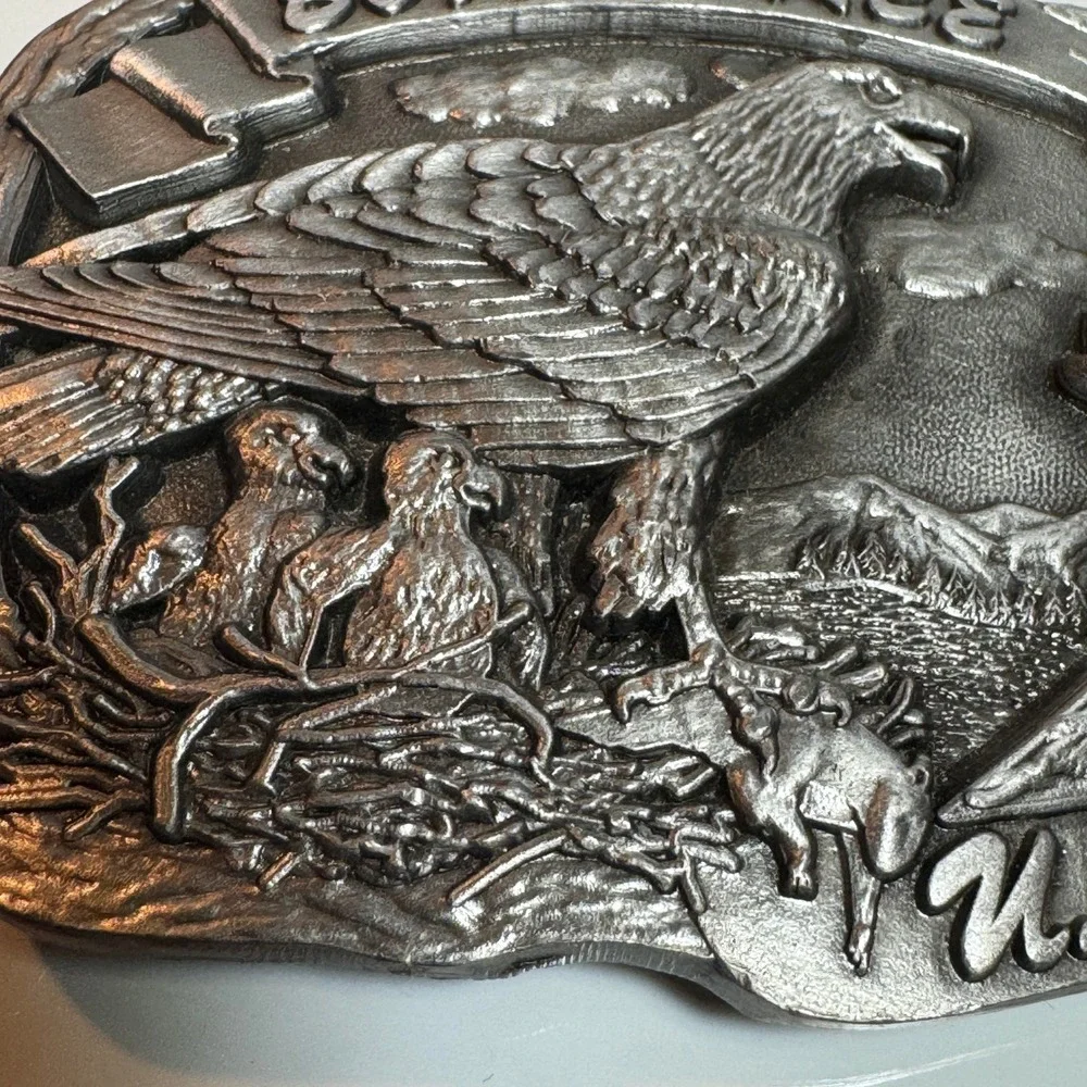 Vintage USA Made Eagle Nest Born Free Belt Buckle Pewter‎ Metal 1987